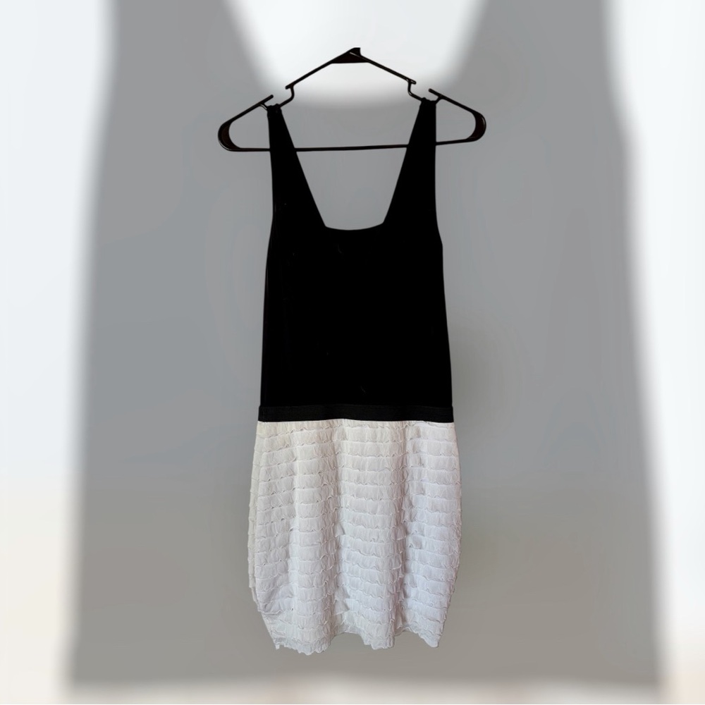 Bebe Black and White Tank Dress Ruffles and Stretch Knit Bodycon
